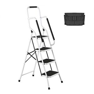 4 Step Ladder Tool Ladder Folding Portable Steel Frame MAX 500 lbs Non-Slip Side armrests Large Area Pedals Detachable ToolBag Suitable for Home Office Engineering