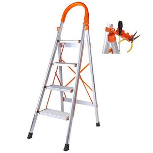 4 Step Ladder, Aluminum Lightweight Step Stool Folding Household Ladder for Indoor & Outdoor with Anti-Slip Sturdy and Wide Pedal Ladder