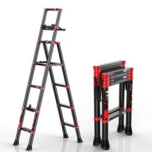 charaHOME Telescoping Ladder A-Frame Aluminum Extension Ladder Lightweight Portable Multi-Purpose Folding Ladder with Detachable Tool Tray, 330 Pound Load Capacity