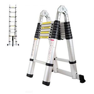 16.5FT Telescopic Folding Ladder Extension Aluminum 2.5M+2.5M A-Frame 5M Straight Ladder Telescoping Portable Foldable Anti-Slip Steps Multi-Purpose With Support Bar EN131 Safe Standard MAX Load 330LB